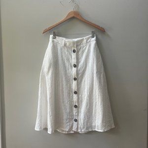 White Eyelet Button-Front Midi Skirt